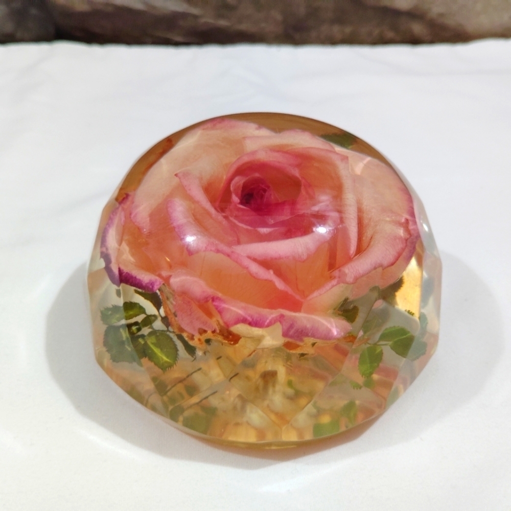 Vintage Rolfe Signed Rose Paperweight Real Flower Preserved Lucite Acrylic Facet - Picture 14 of 15